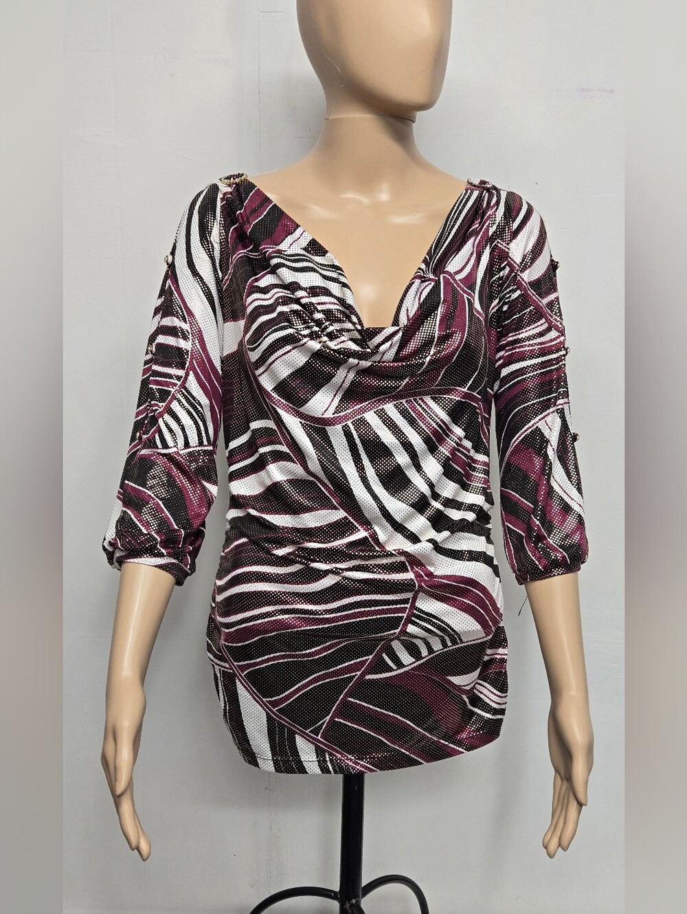 Southpole Collection L Silky Stretch Knit Top Cowlneck Split Sleeve Metallic